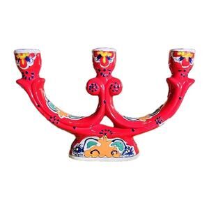Hand Painted Mexican Vintage Ceramic Candelabra Red Folk Art Glazed Lead Free